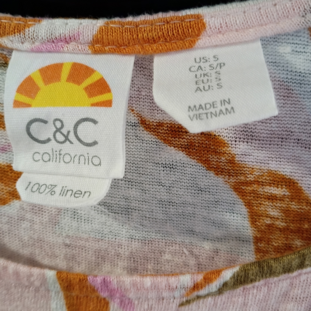 EUC C&C California Blouse Women S 100% Linen Floral Tropical Summer Short Sleeve - Picture 5 of 7